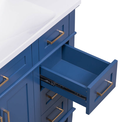 Elegant navy blue bathroom vanity with storage