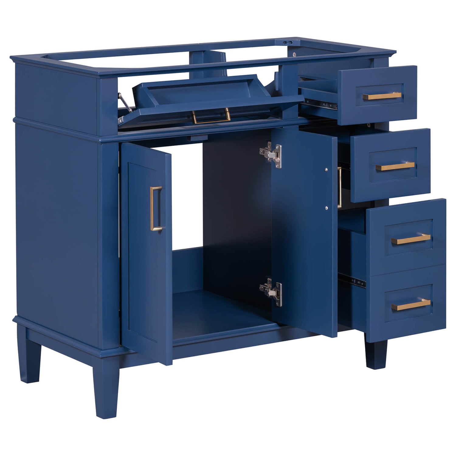 Elegant navy blue vanity with solid wood frame and customizable surface