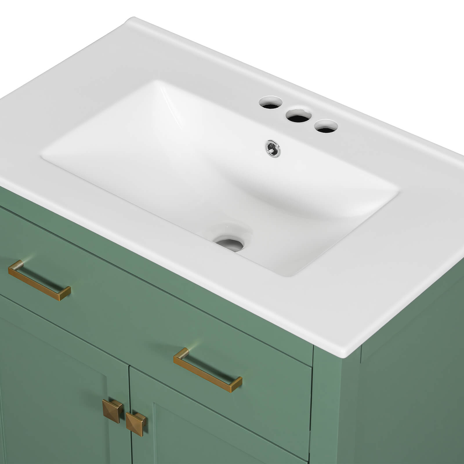 Elegant sage green bathroom vanity with gold handles and smooth ceramic top