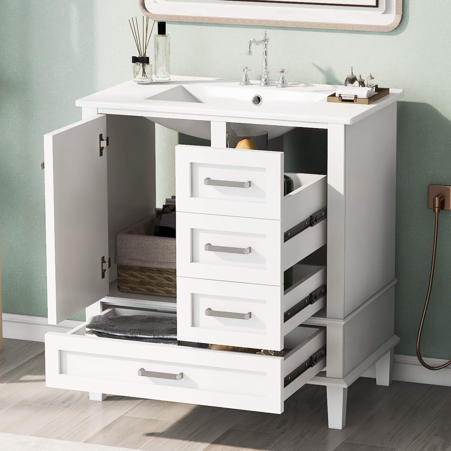 Elegant white bathroom vanity with solid wood frame