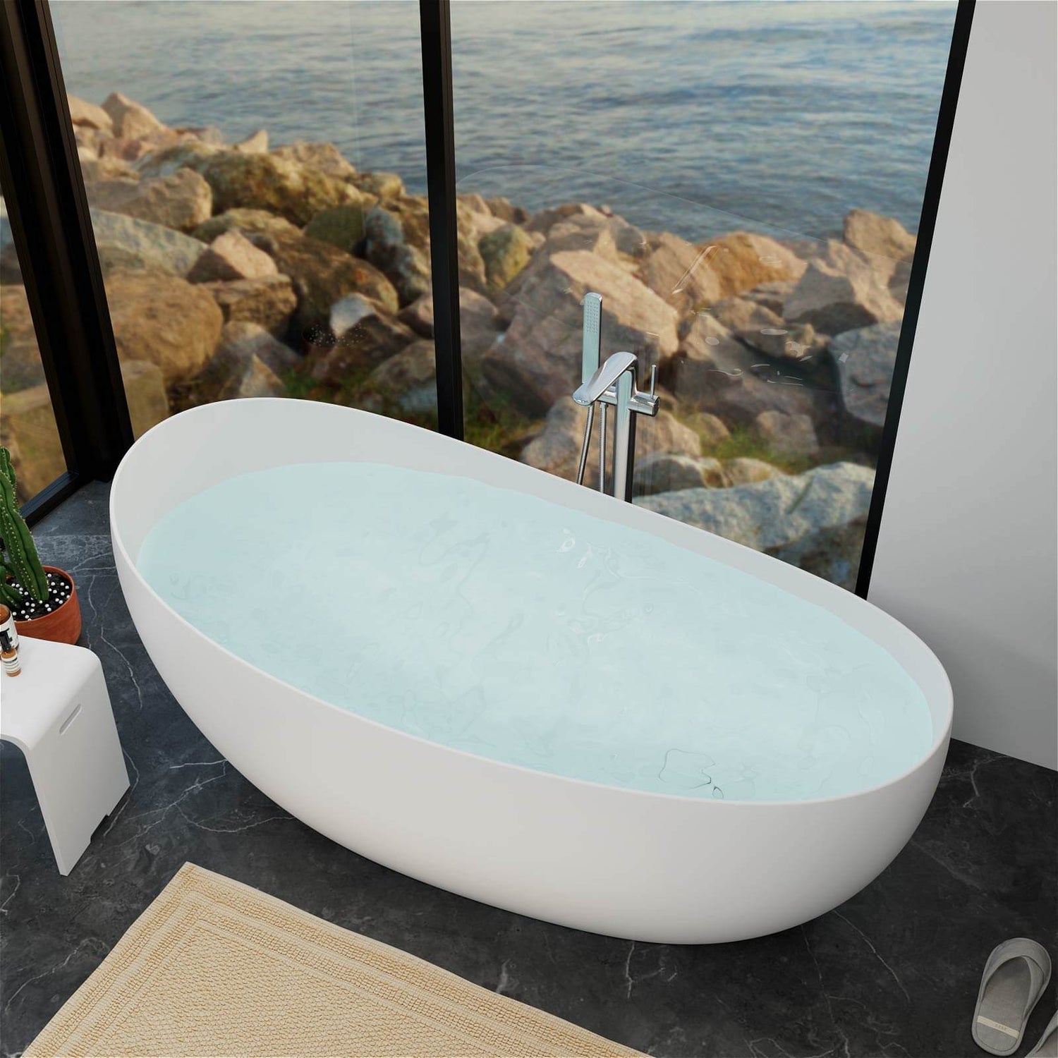 Ergonomic freestanding soaking tub with a raised backrest for enhanced support