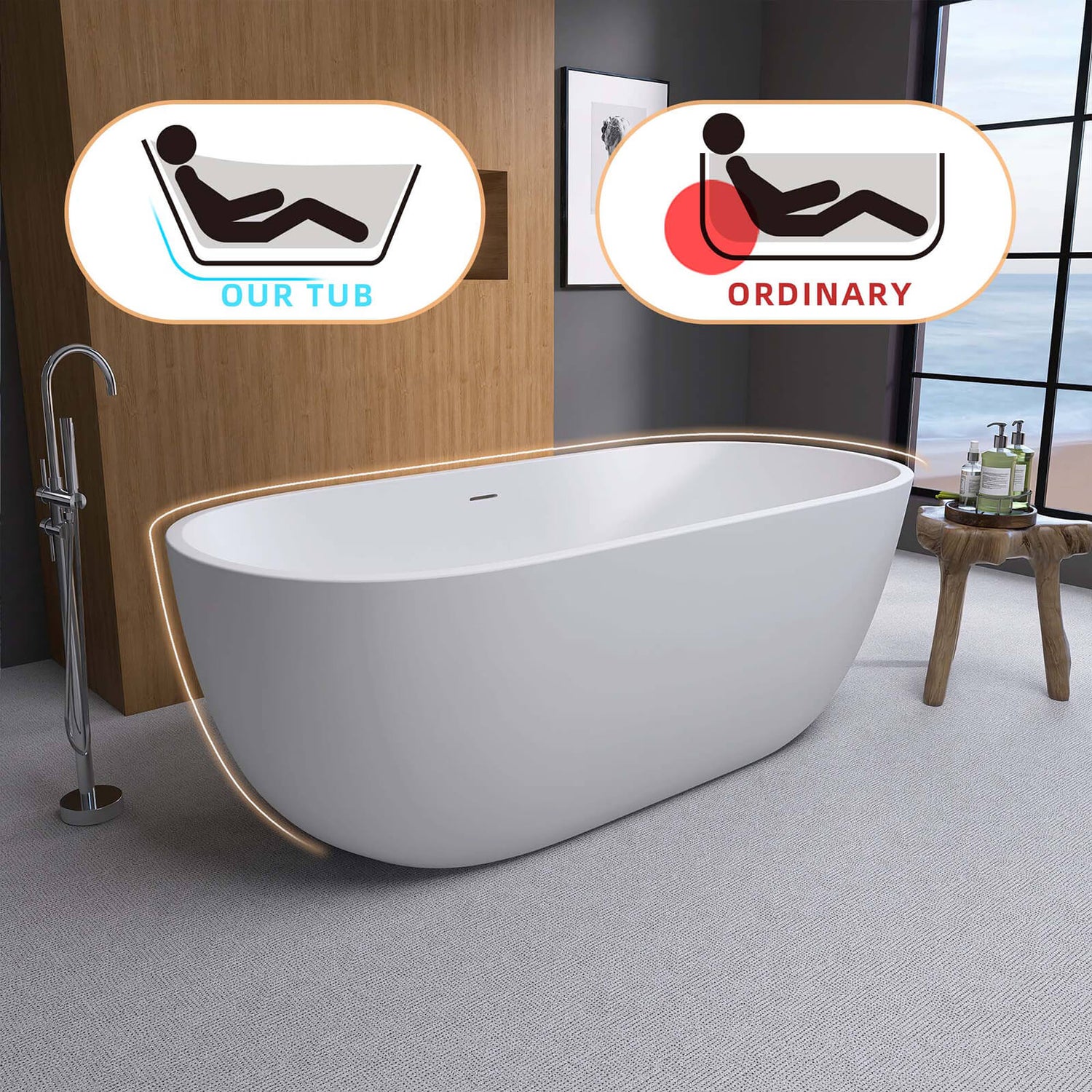 Ergonomically designed 55 inch matte white oval tub