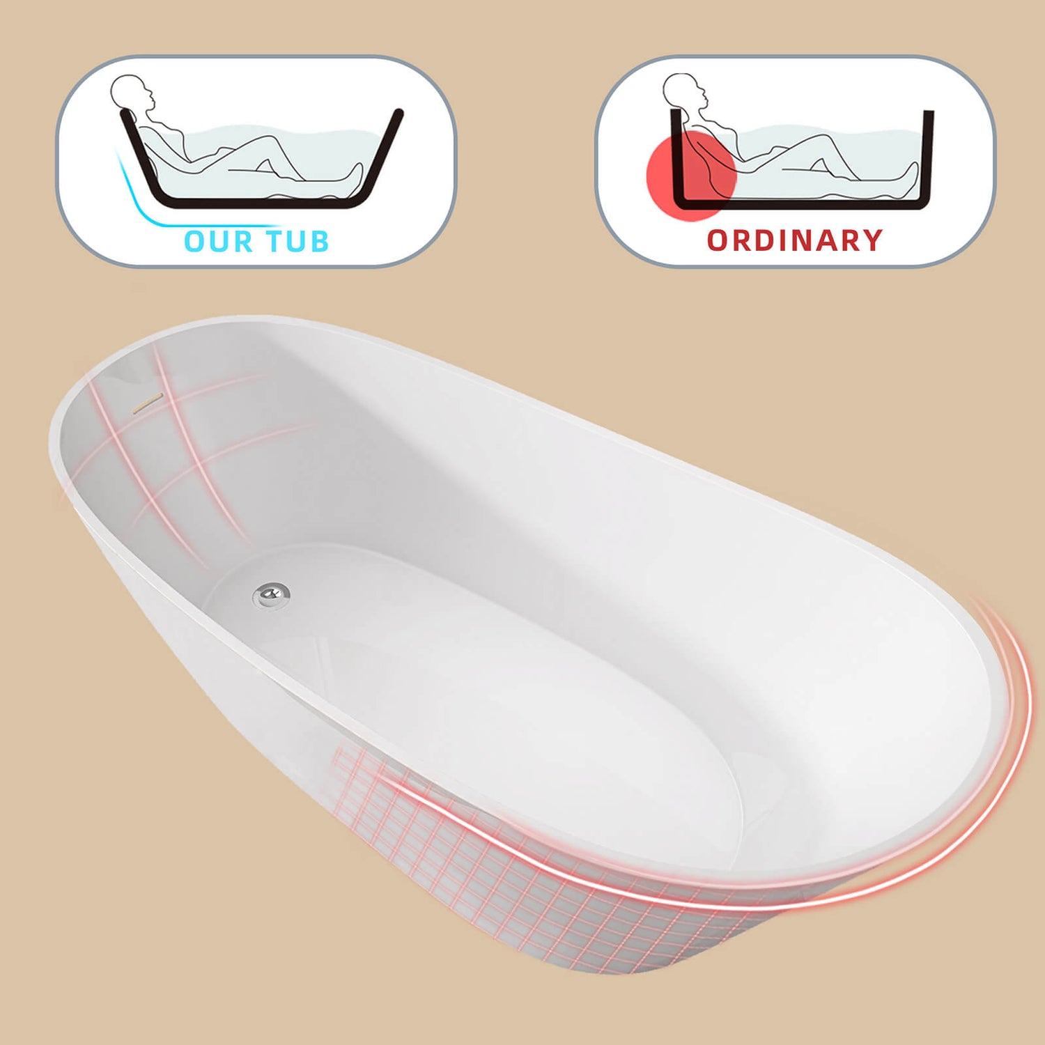 Ergonomically designed 59 inch acrylic single slipper tub with pop up drain