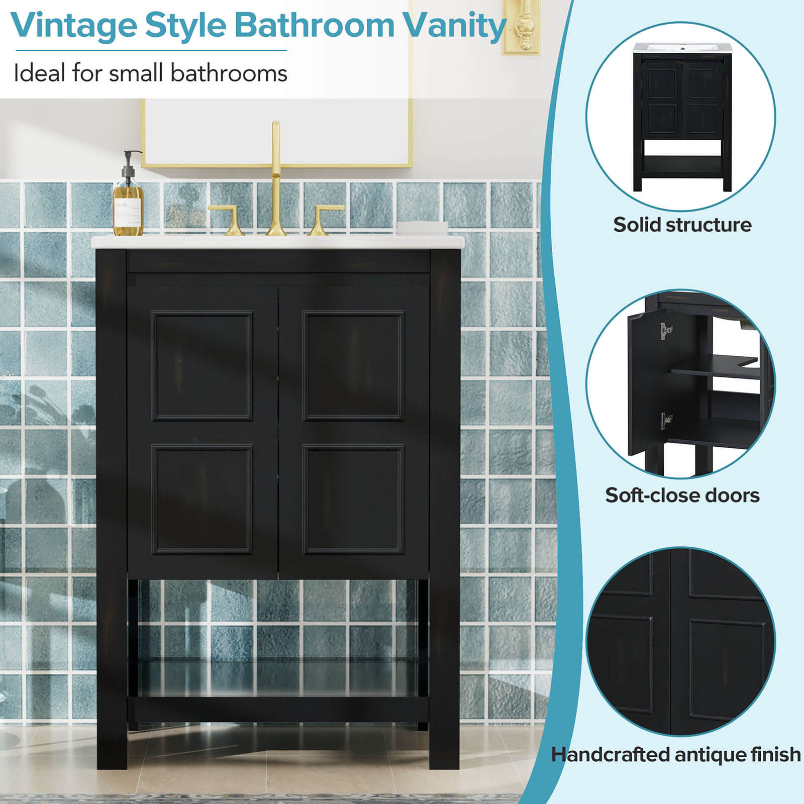 Exterior detail of a 24 inch traditional freestanding bathroom vanity with open shelves