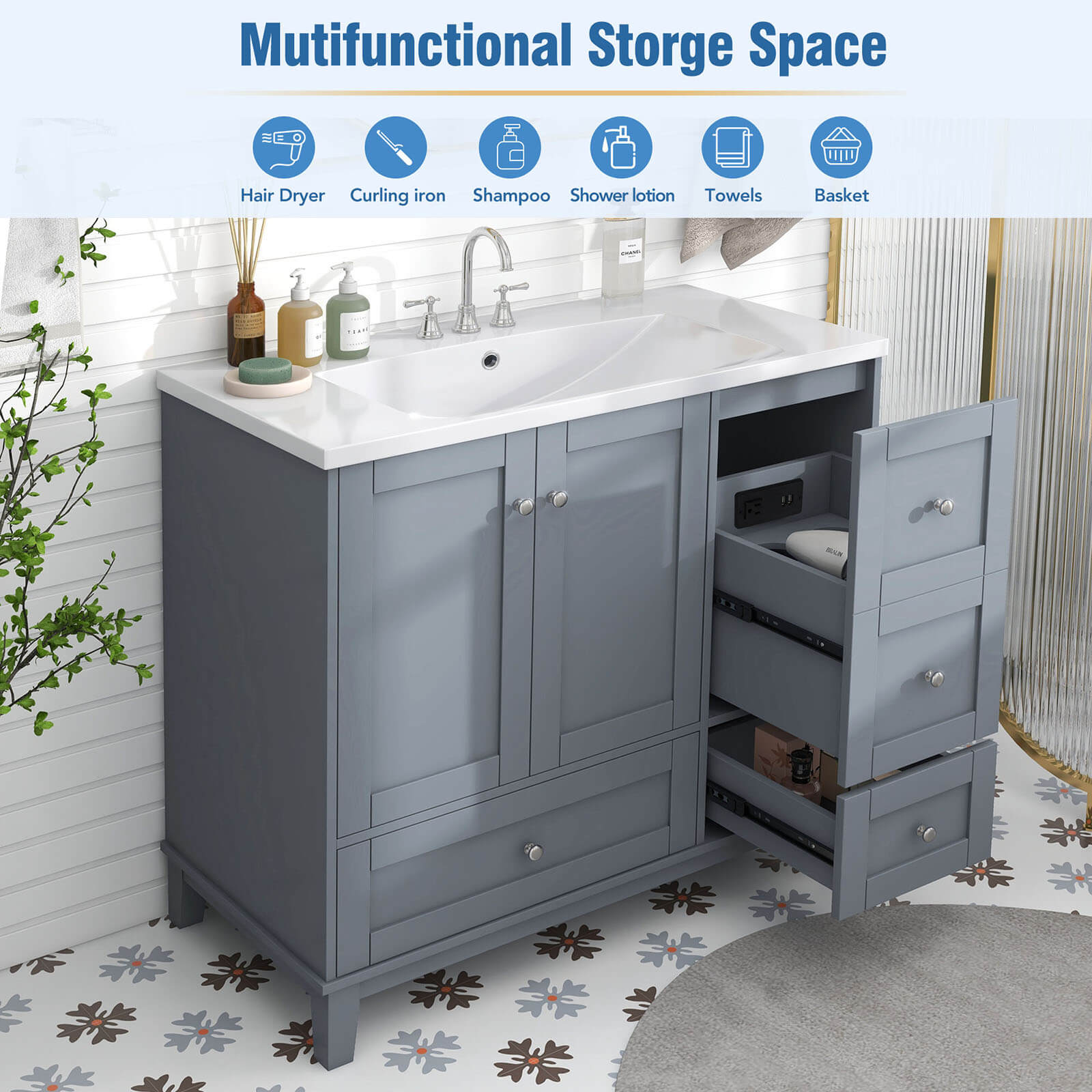 Extra Large Storage Space with Integrated USB Charging 36 Inch Grey Bathroom Vanity Description