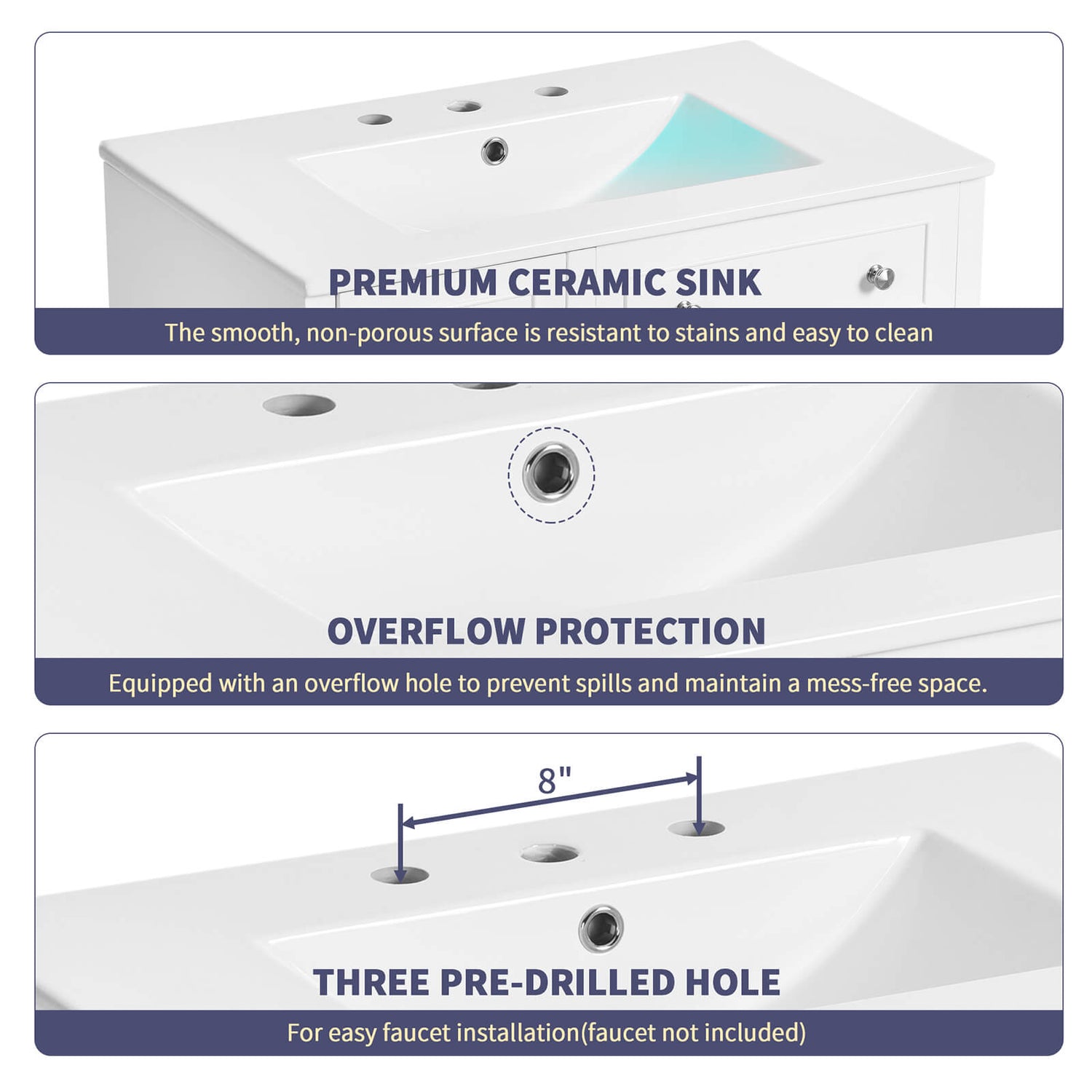 Faucet Mounting Holes for 30in White Bathroom Vanity with 2 Left Side Drawers