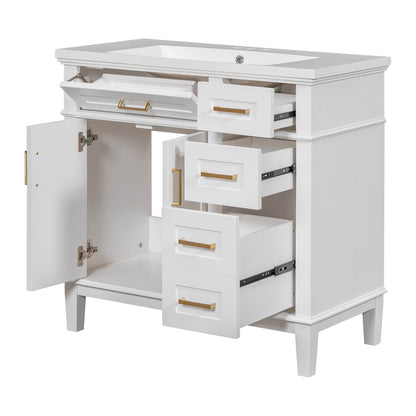 Flip-out drawer vanity with soft-closing doors