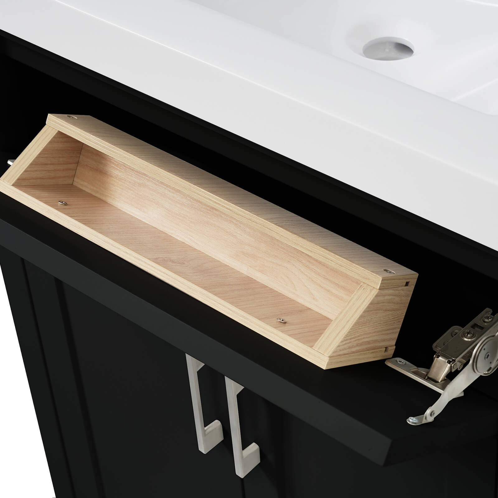 Flip top drawer detail of 36 inch black bathroom vanity with left offset sink