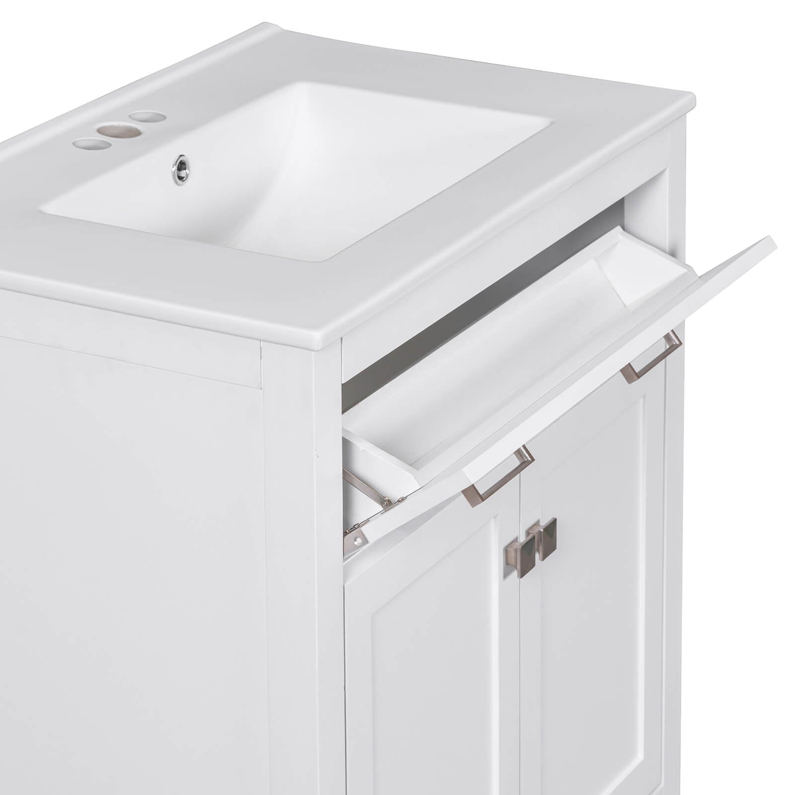 Flip-top drawer detail with undermount single sink 30 white bathroom vanity