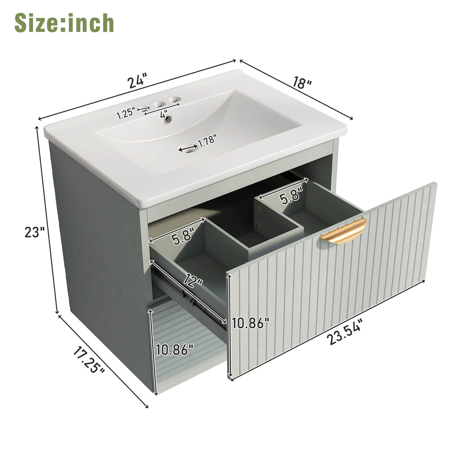 Floating Bathroom Vanity with Sink 24 inch Sage Green Overall Dimensions Specifications