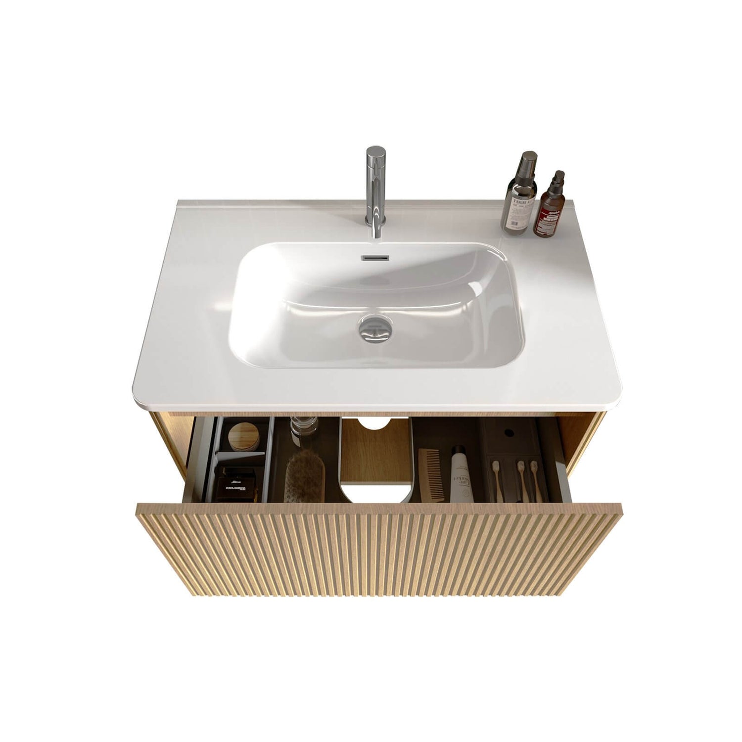 Floating vanity with efficient space-saving design