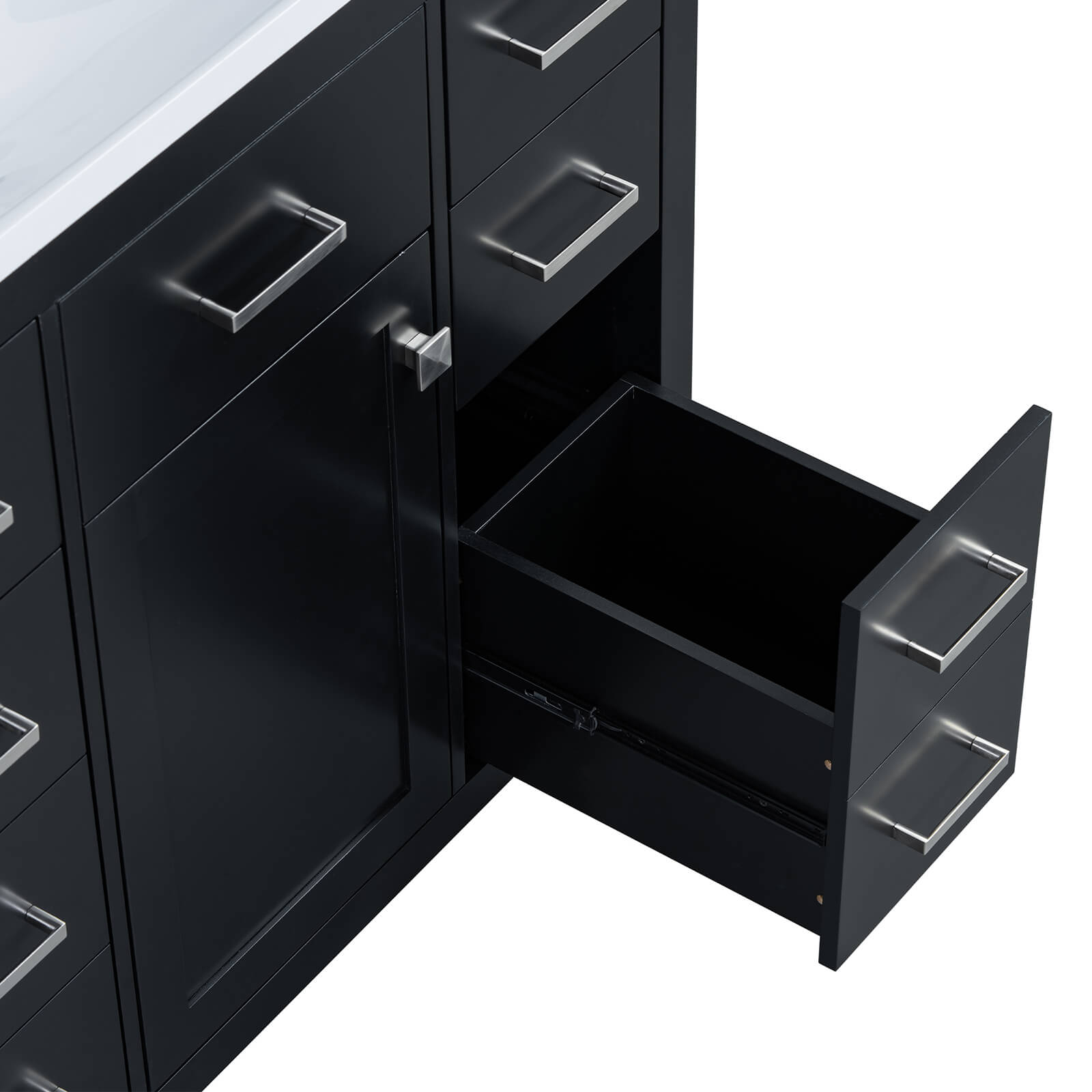 Floor mounted black vanity with smooth_ durable surface and multiple storage compartments