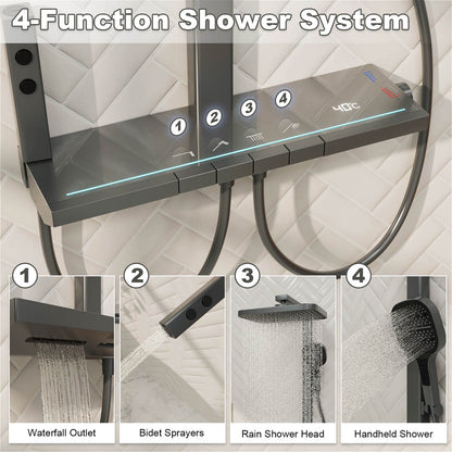 12&quot; Thermostatic Shower System with Piano Key Digital Display Ambient Lights, Tub Spout, Hand Shower, Bidet Sprayer