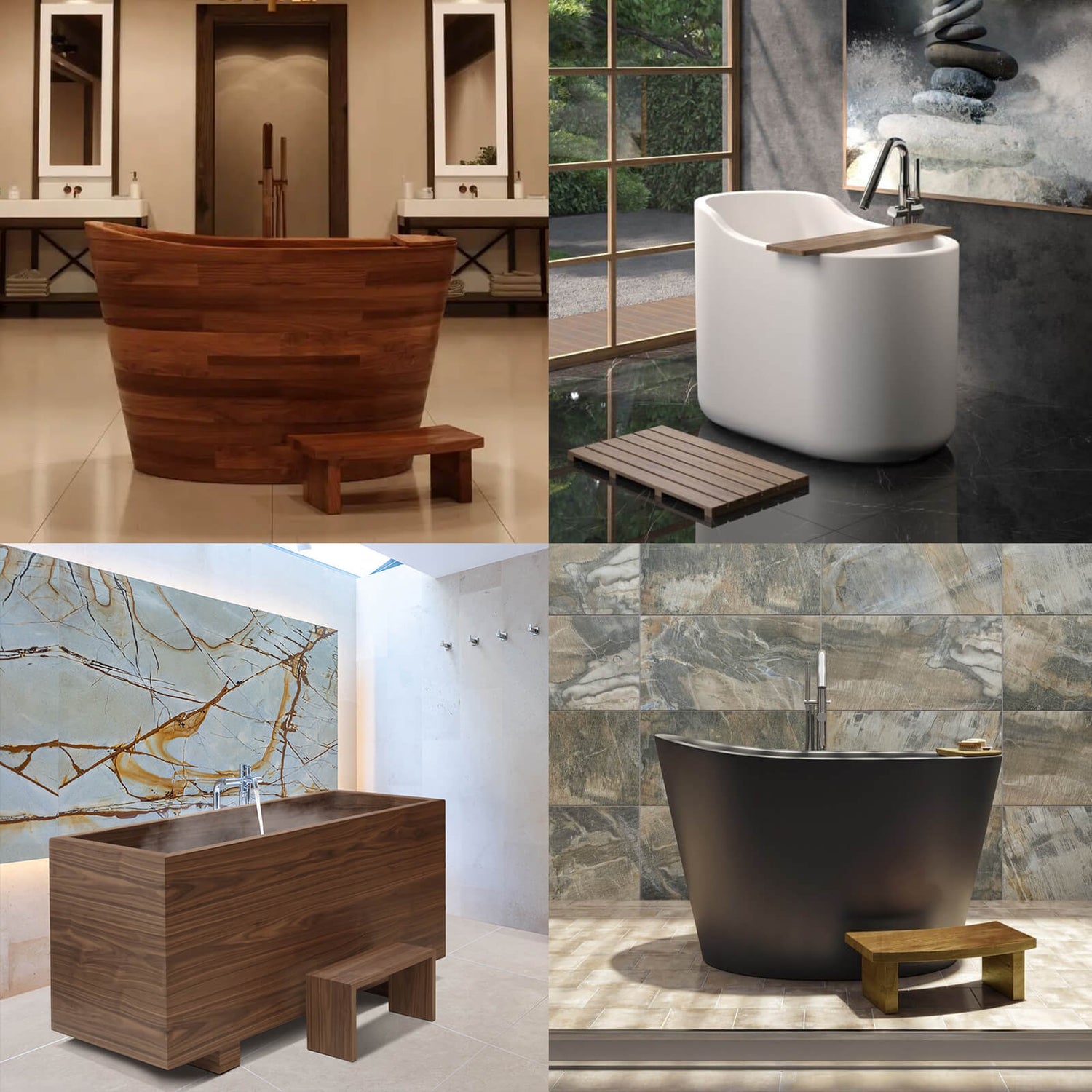 Four different Ofuro Japanese bathtubs