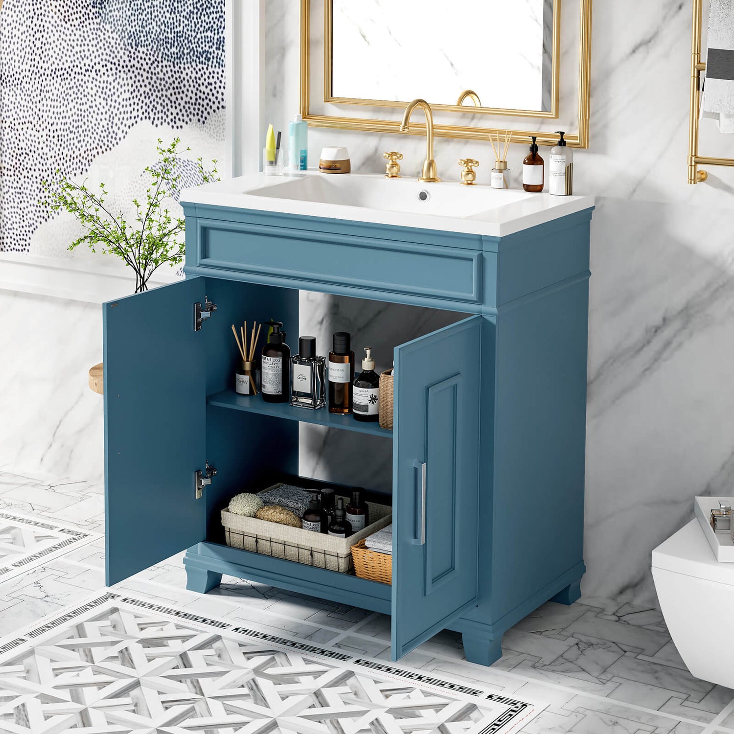 Freestanding bathroom vanity with elegant design and adjustable shelves