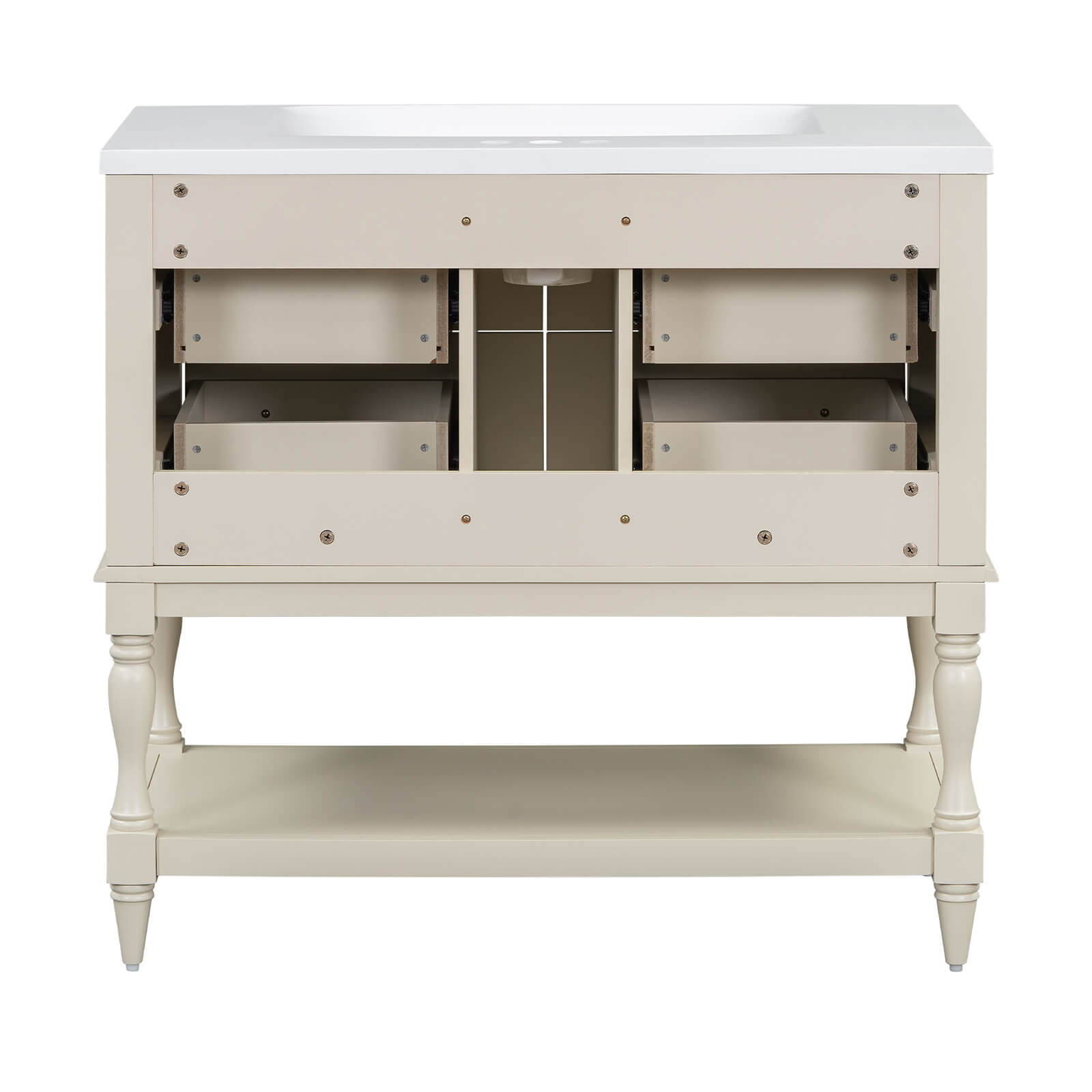 Freestanding beige bathroom vanity with open shelf for large item storage