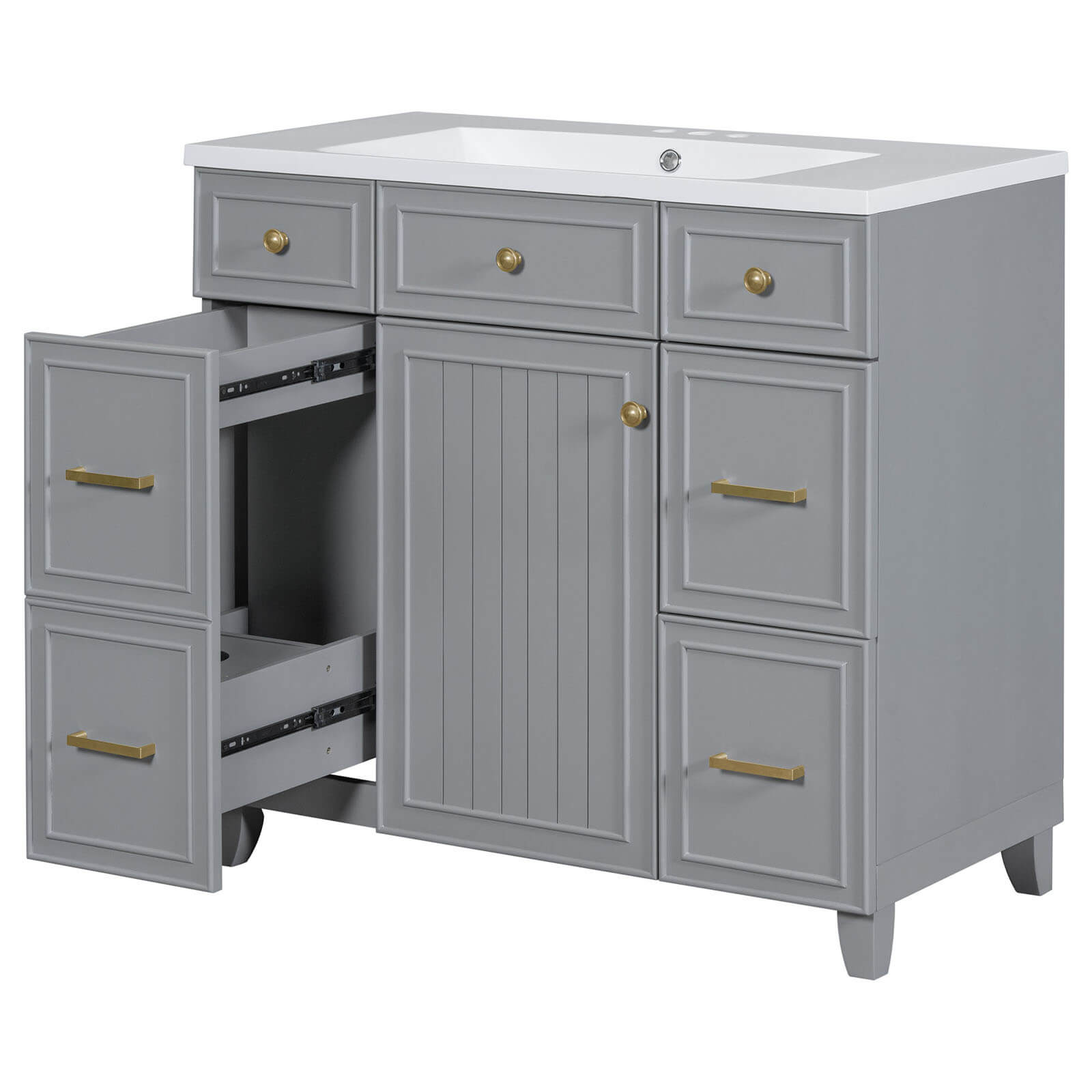 Freestanding grey bathroom vanity with ample storage and gold handles