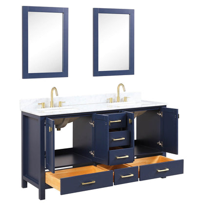 Blossom 60&quot; Freestanding Double Sink Vanity with Drawers and Carrara Marble Countertop