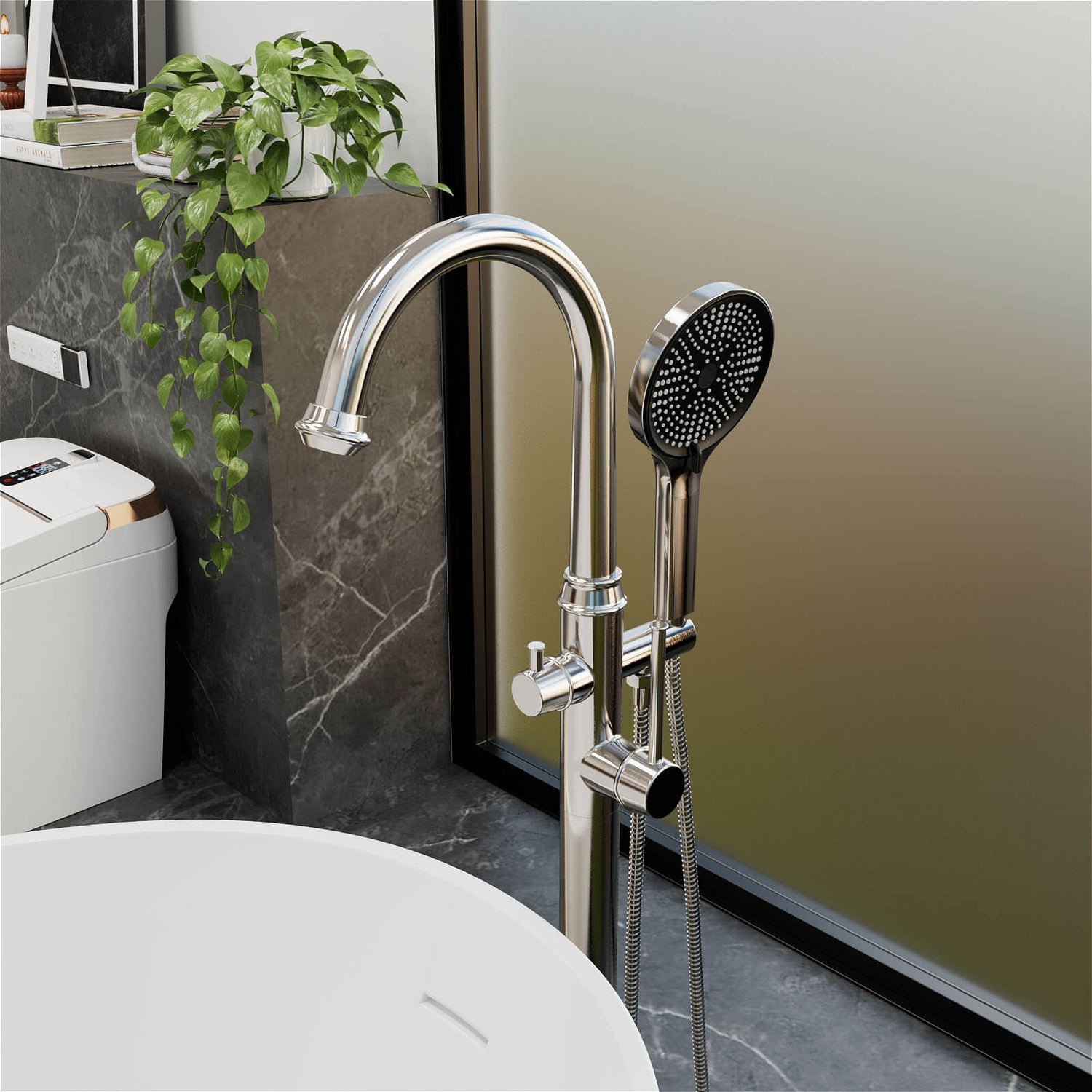 Freestanding Tub Filler High Arc 360° Swivel Bathtub Faucet with 3 Function Handheld