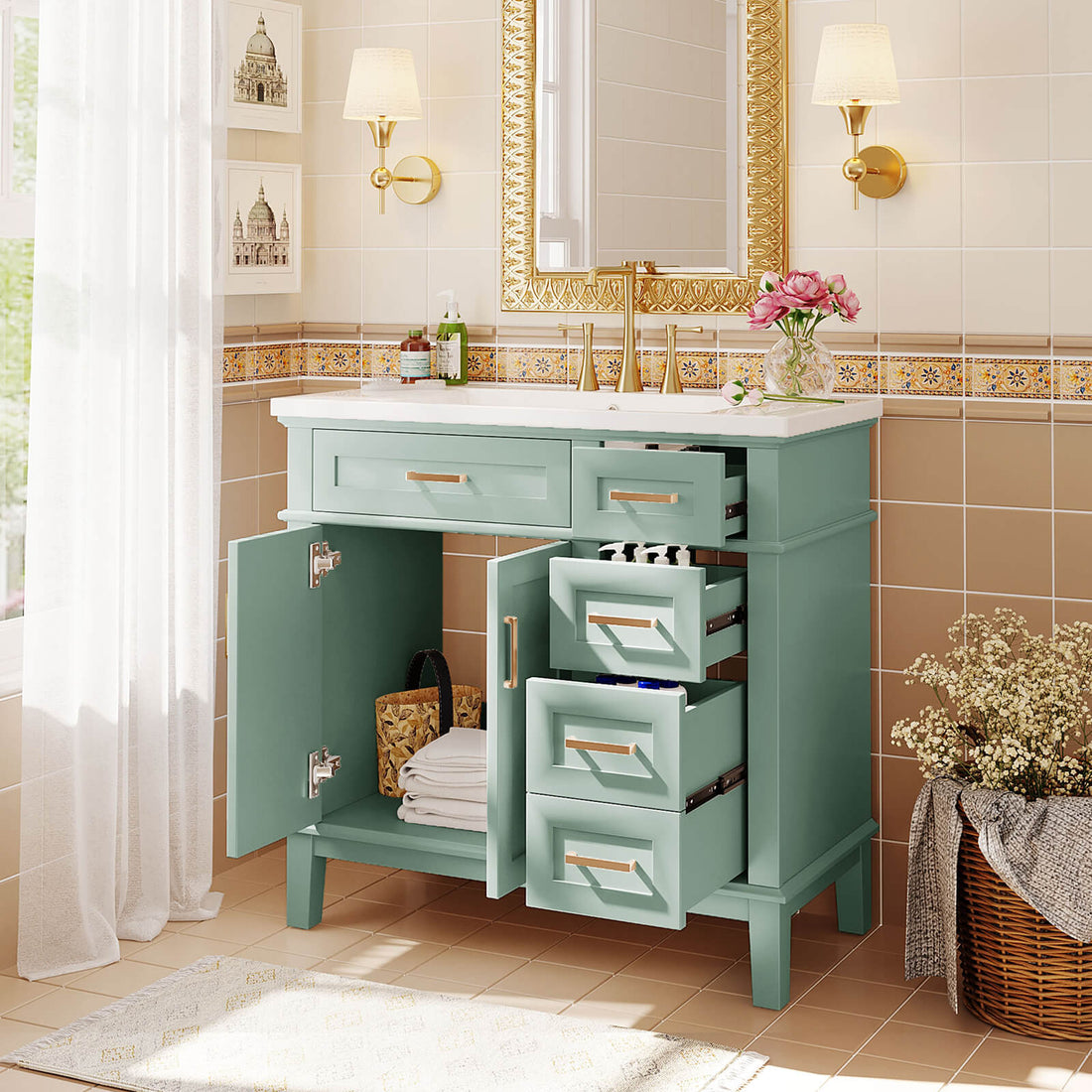 Freestanding mint green vanity with classic appeal and modern functionality