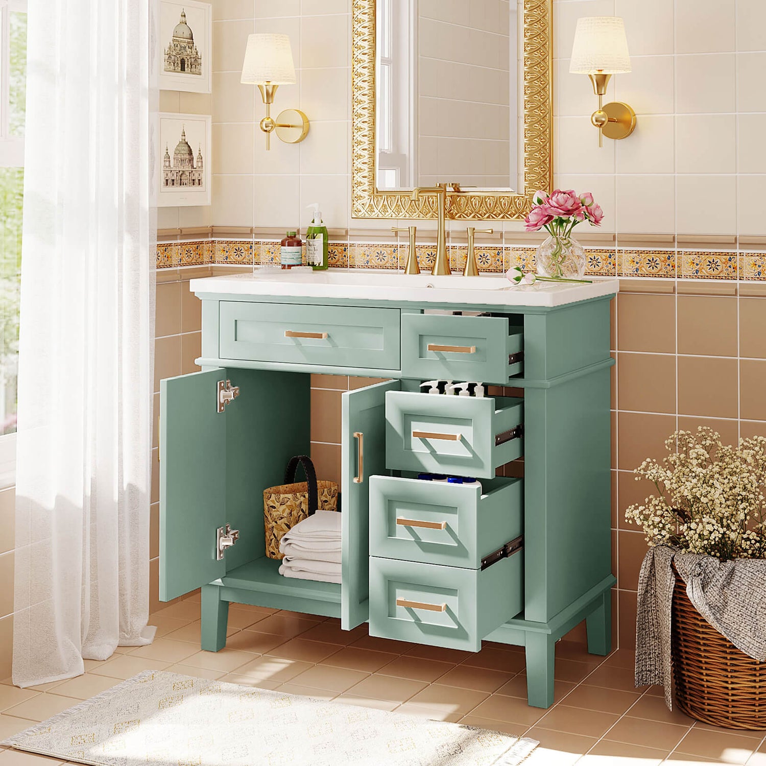 Freestanding mint green vanity with classic appeal and modern functionality