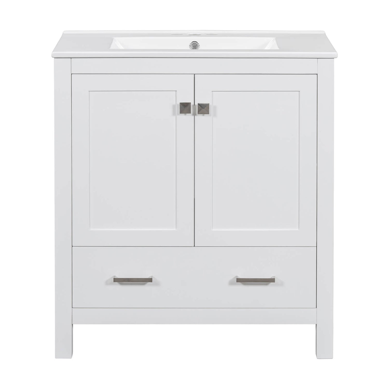 Front view of the 30-inch white bathroom vanity with built-in shelf