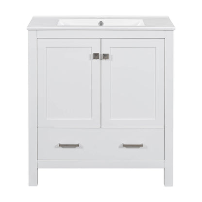 Front view of the 30-inch white bathroom vanity with built-in shelf