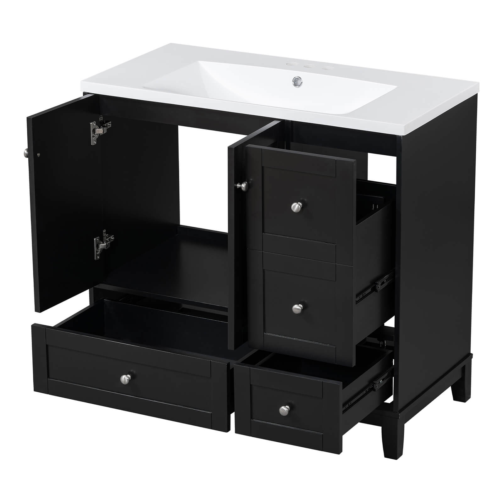 Functional 36-inch black vanity featuring integrated USB charging for devices