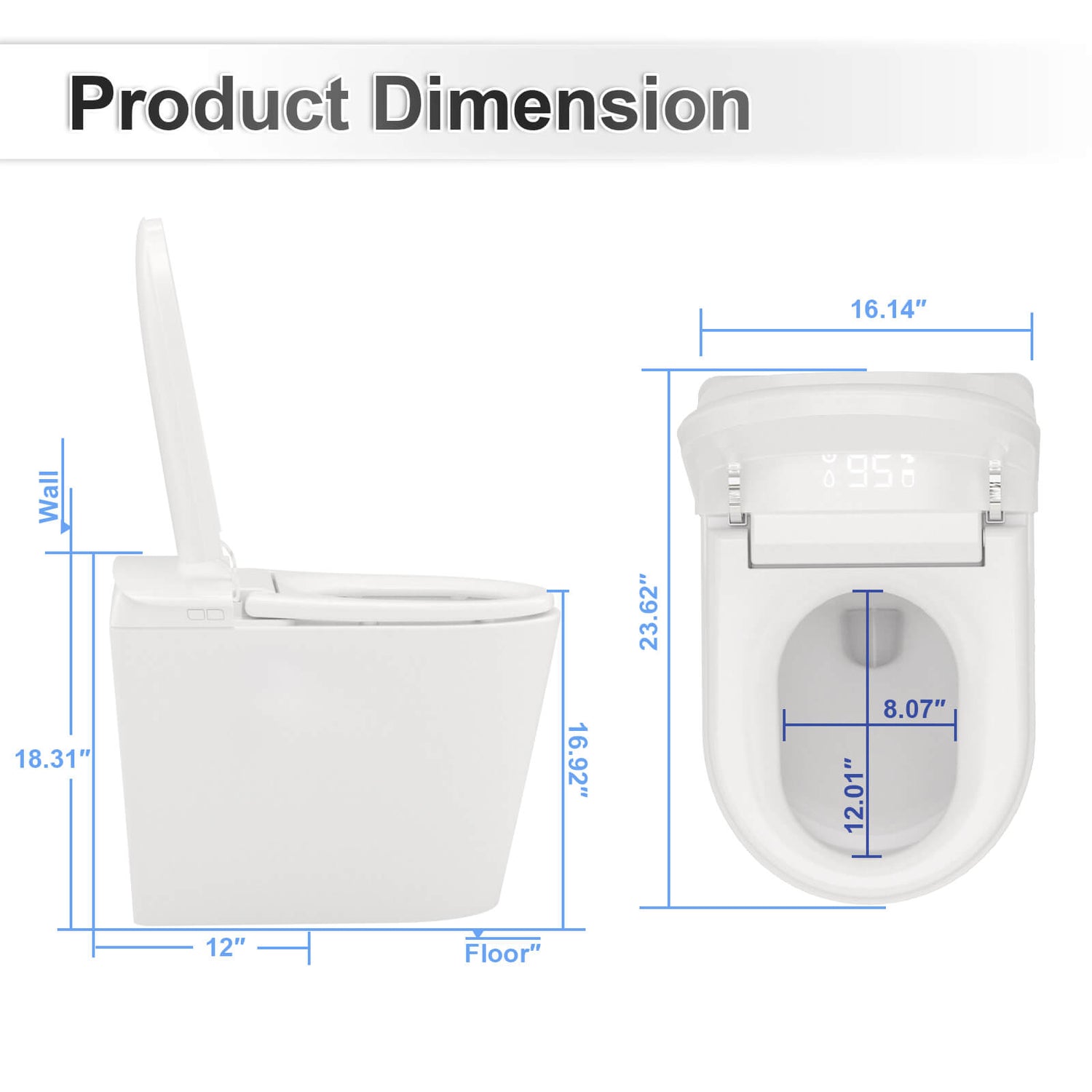 G3 510W intelligent toilet with automatic seat heating function size specification display