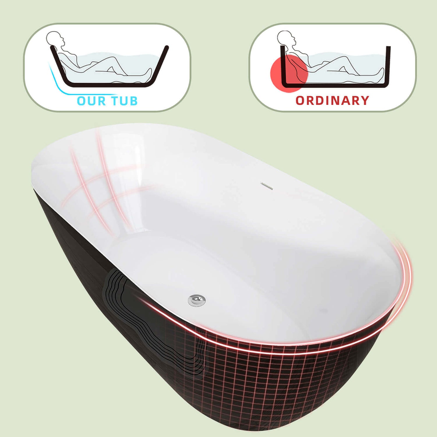 Gloss black 59 inch anti clogging classic oval acrylic bathtub with backrest details