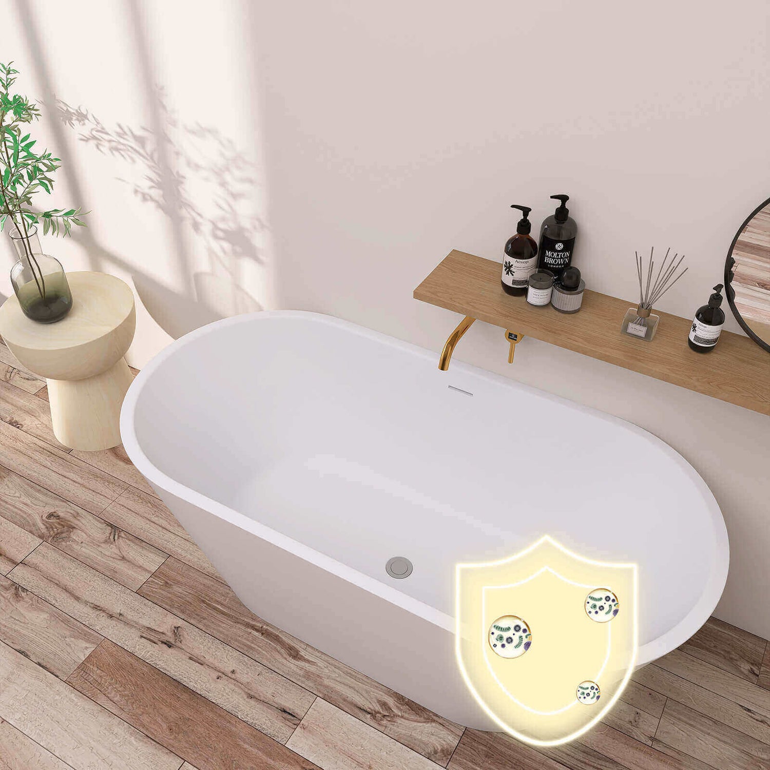 Glossy white acrylic bathtub with antibacterial effect