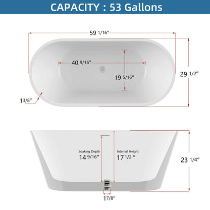 Glossy white oval freestanding bathtub outline and dimensions drawing