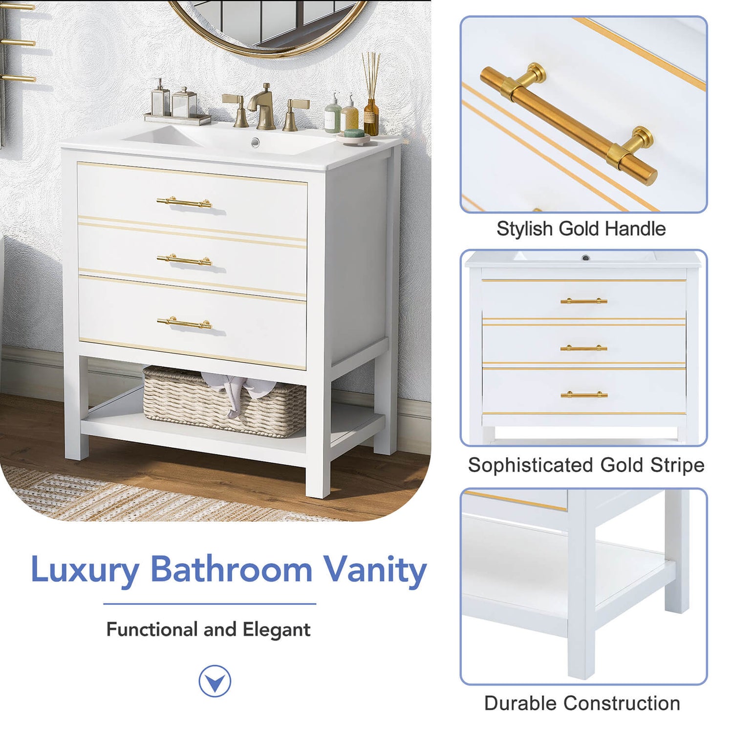 Gold-accented handles and trim providing a stylish contrast to the white vanity