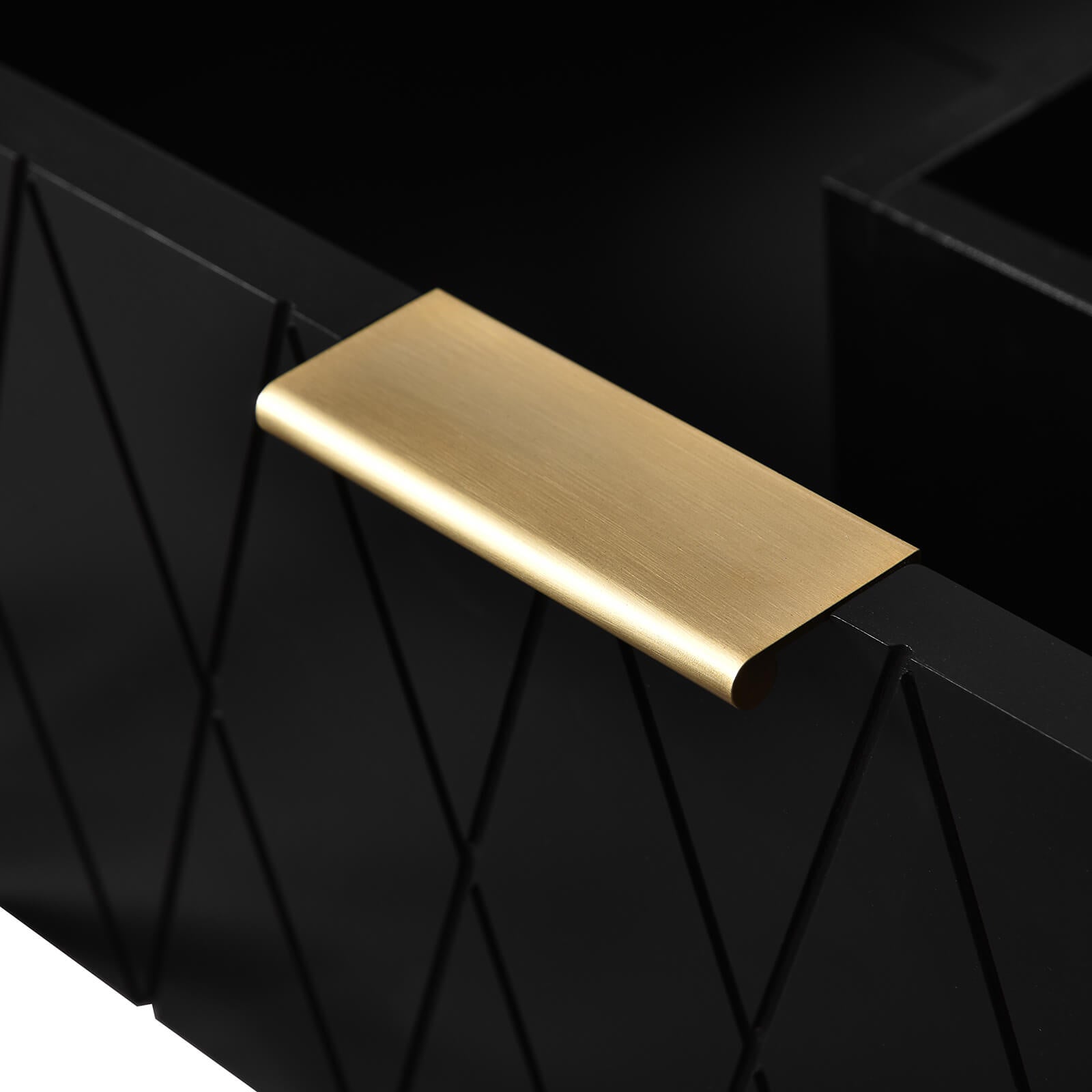 Gold handle detail on a 30 in black bathroom vanity with gold hardware