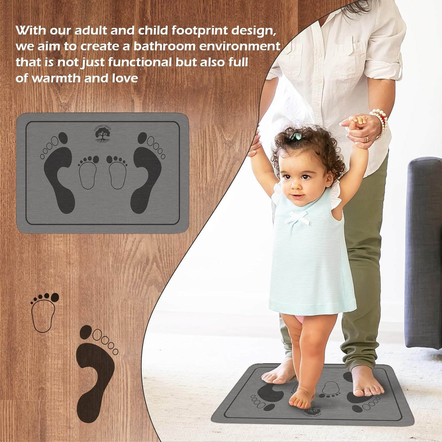 Gray Durable Bathtub Mat with Unique Adult and Children Footprint Design