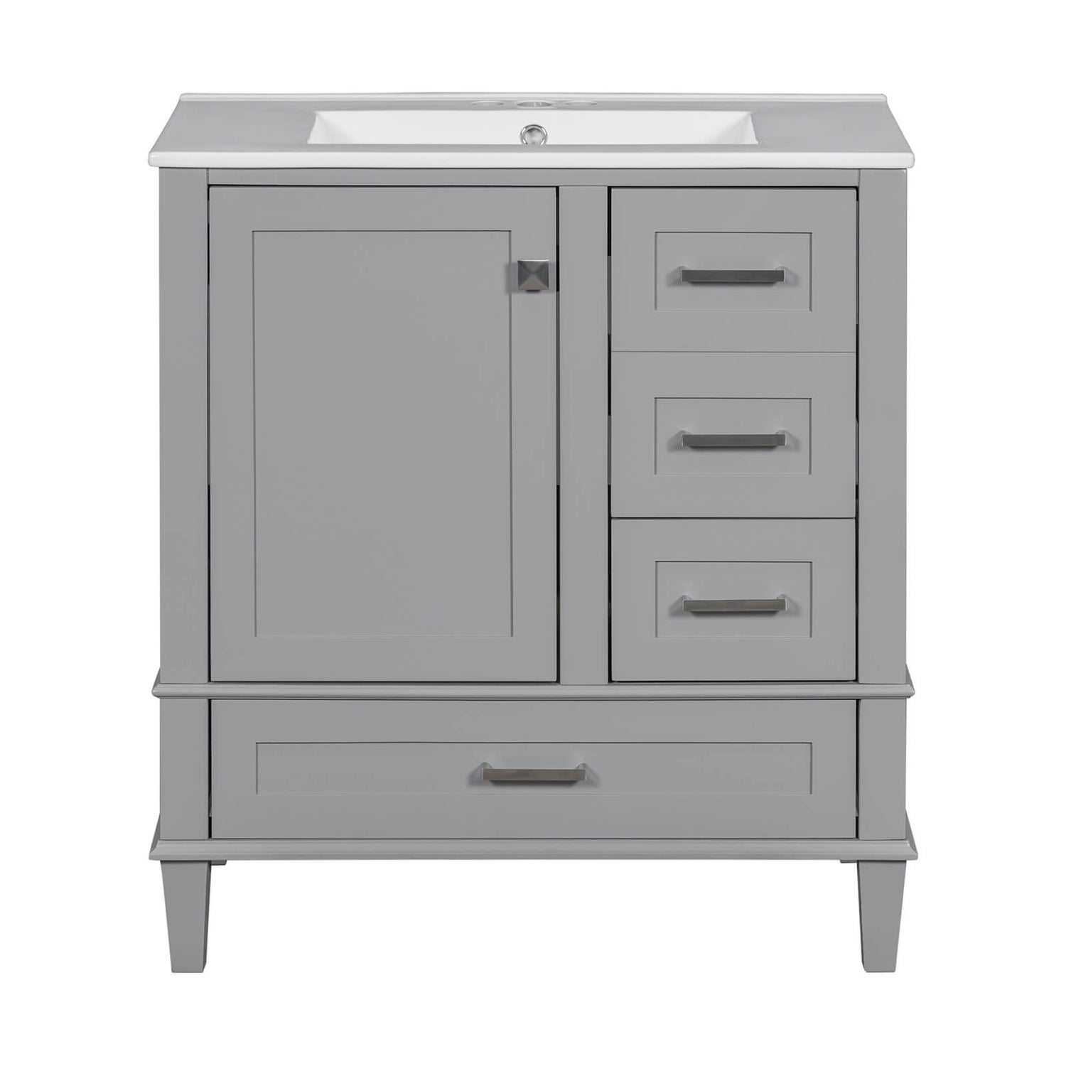 Gray bathroom vanity with robust solid wood frame