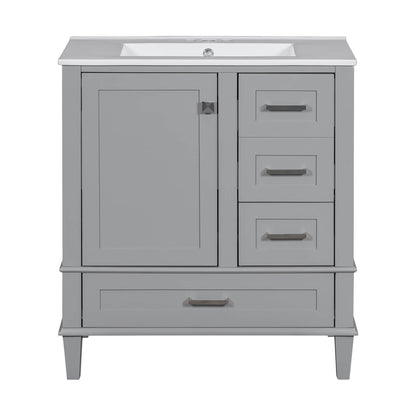 Gray bathroom vanity with robust solid wood frame