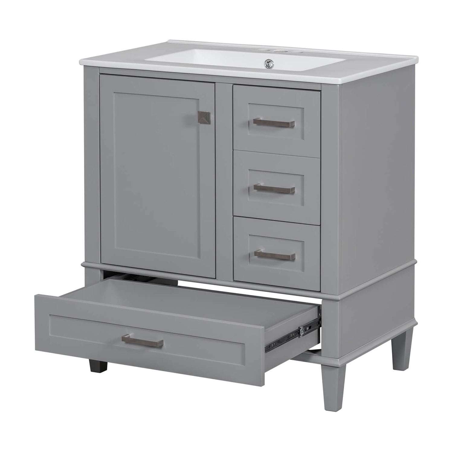 Gray solid wood bathroom vanity with integrated top