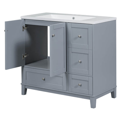 Gray vanity with integrated charging and sleek design