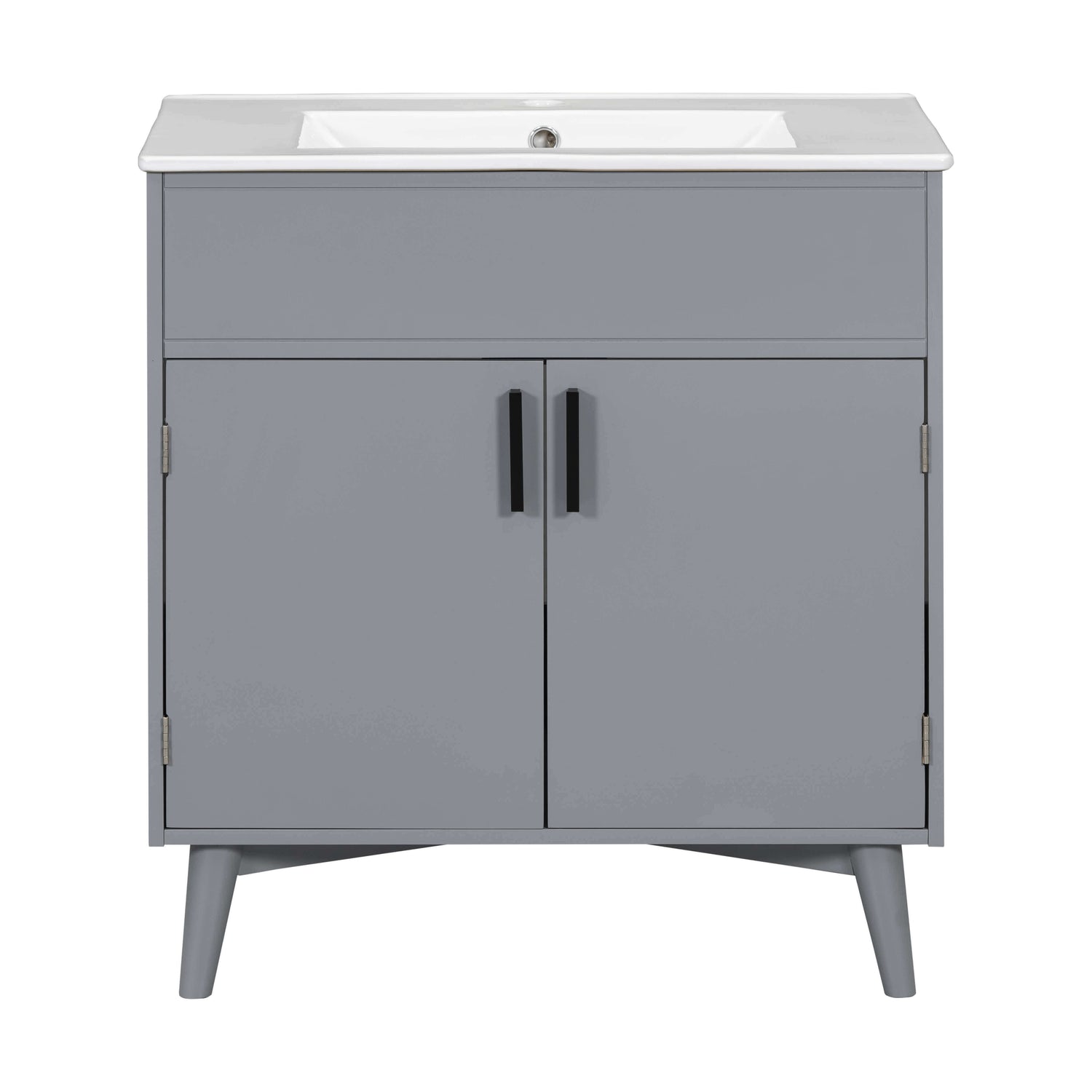 Gray vanity with solid wood construction and modern oval-shaped legs