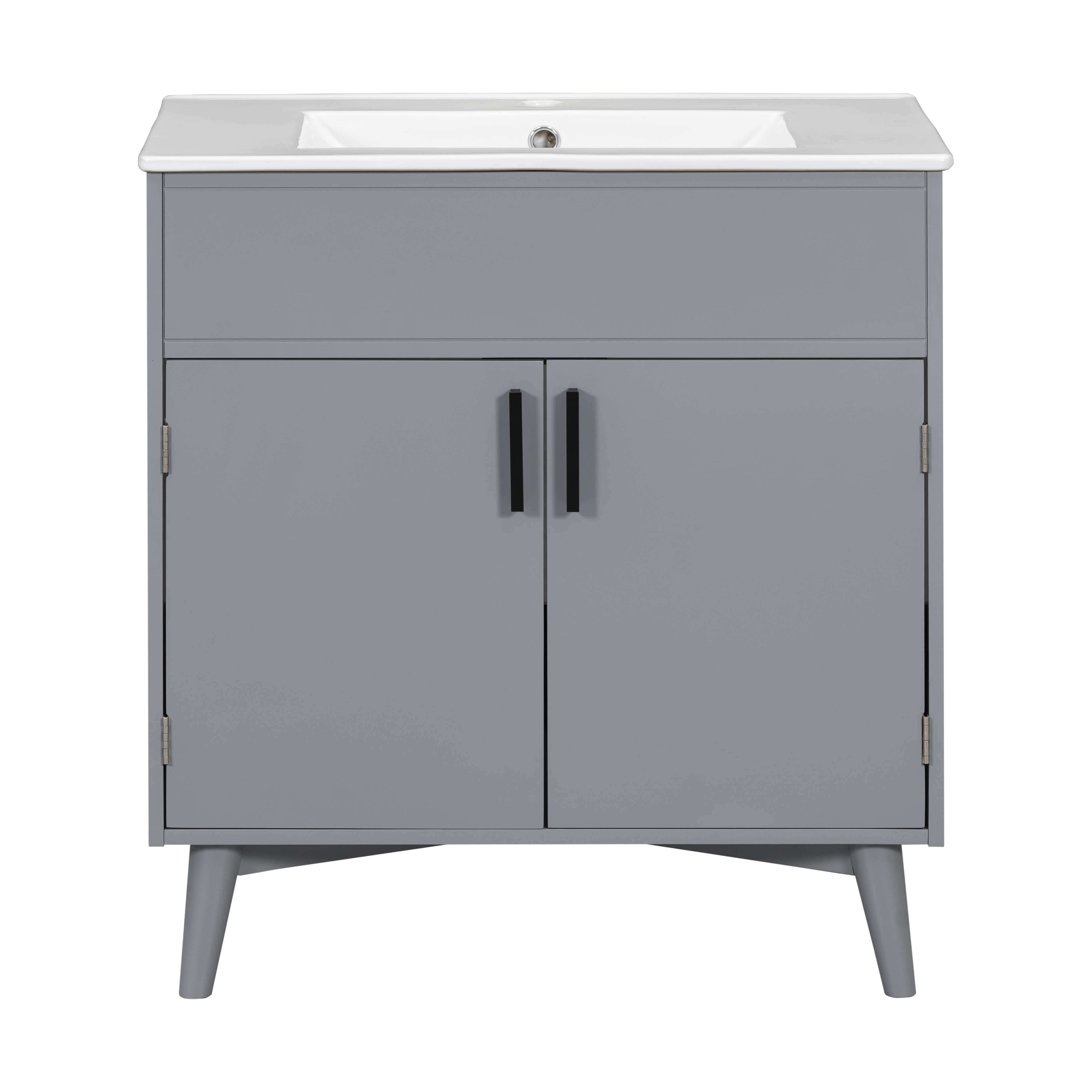 Gray vanity with solid wood construction and modern oval-shaped legs