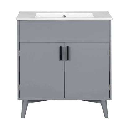 Gray vanity with solid wood construction and modern oval-shaped legs