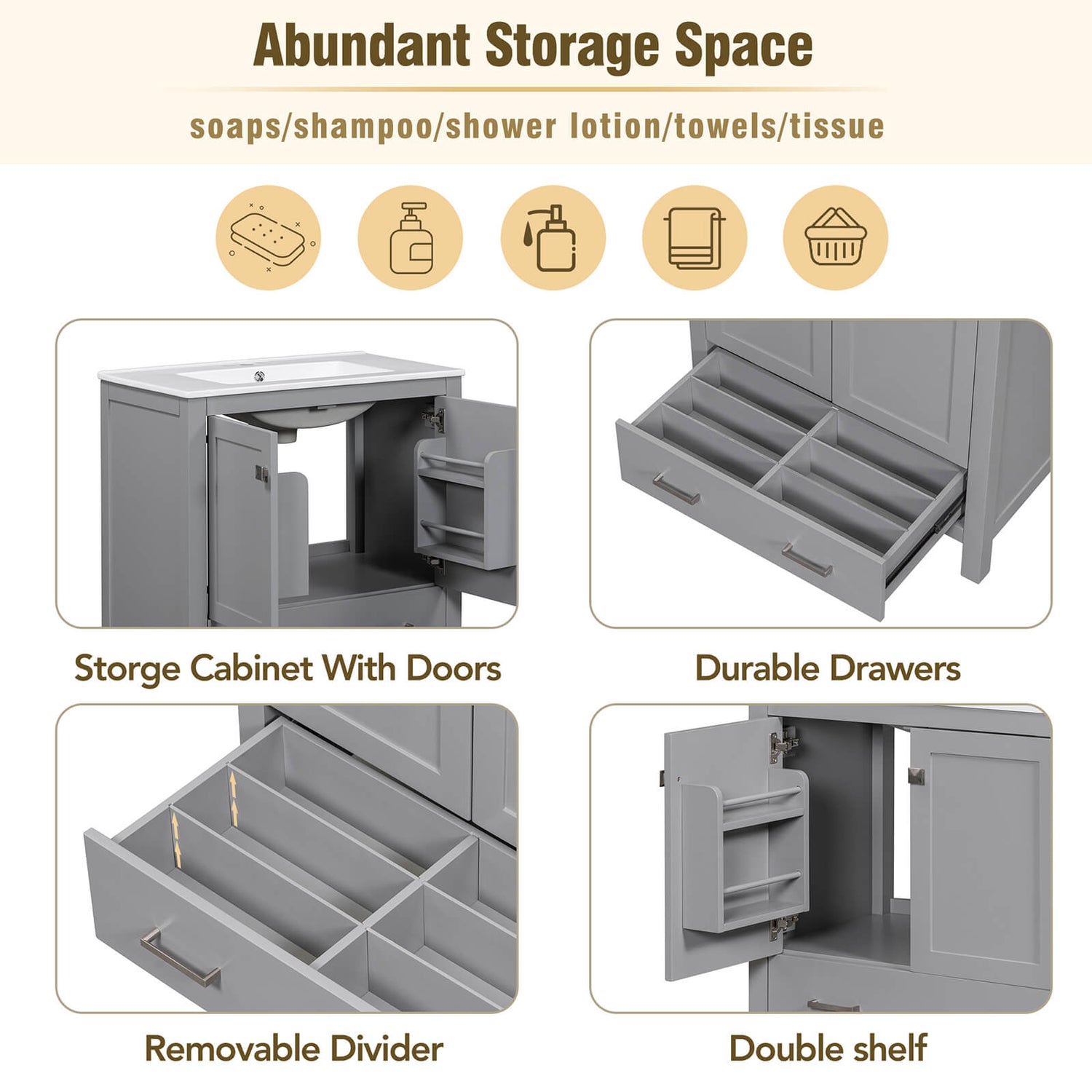 Gray vanity with versatile storage for bathroom essentials