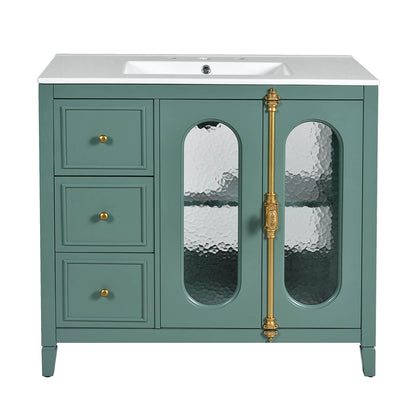 Green Bathroom Vanity with Gold Handles and Water Wave Glass