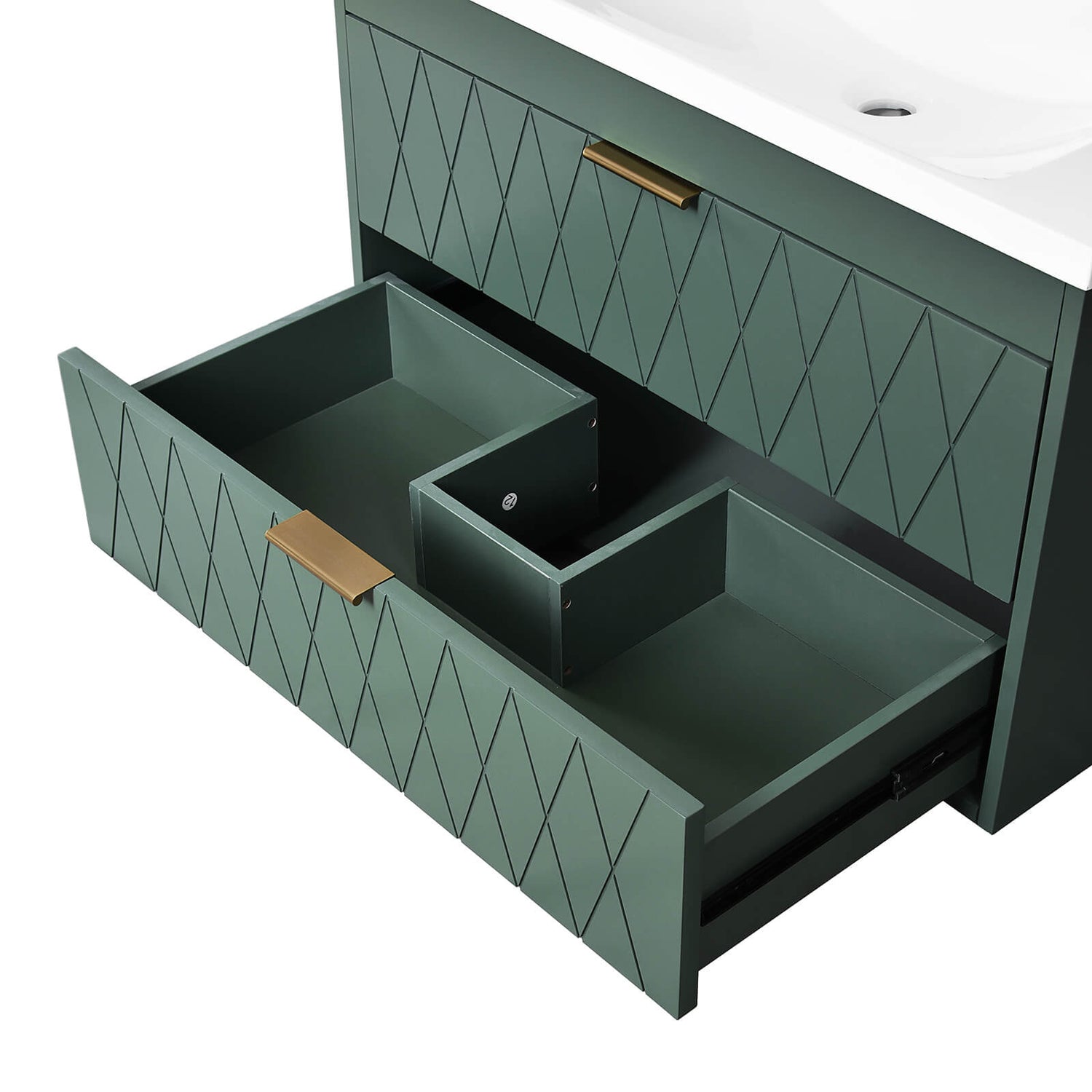 Green and Gold Bathroom Vanity Offering both elegance and flexible storage options