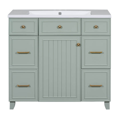 Green bathroom vanity with gold handles and soft close functionality