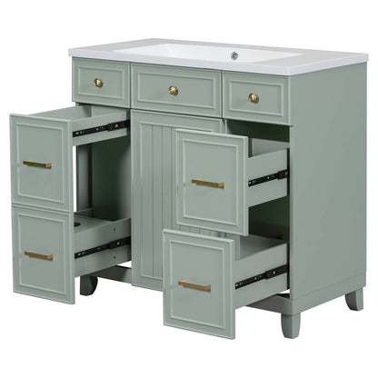 Green bathroom vanity with gold handles for a sophisticated look