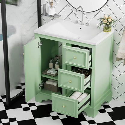 Green bathroom vanity with soft close drawers_ adjustable shelf_ and integrated sink