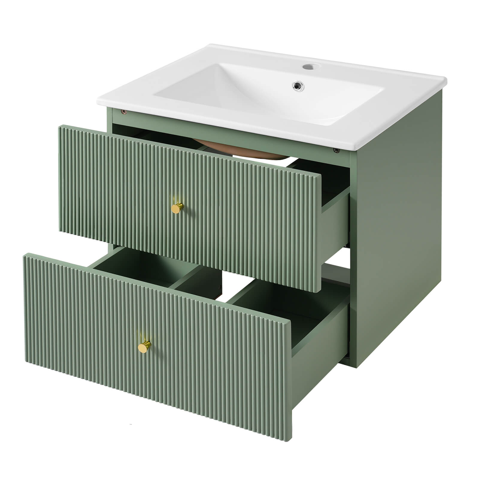 Green vanity with ceramic sink and minimalist design for bathrooms