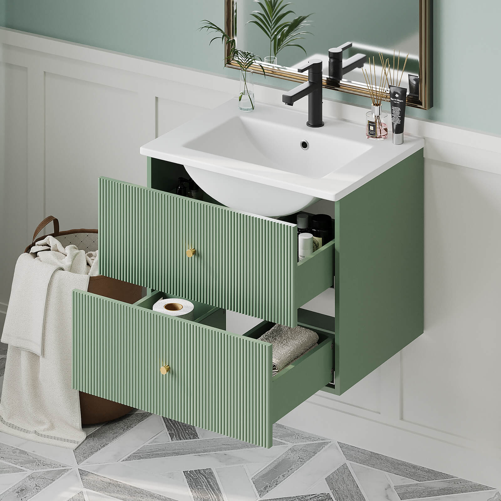 Green wall mounted vanity with single hole ceramic sink